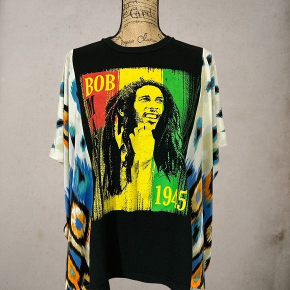 Upcycled Bob Marley T-shirt Kimono Style Oversized One Of A Kind Repurposed Top - Picture 4 of 9